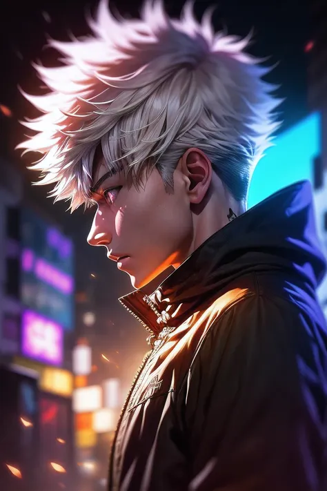 a man with white hair and a purple jacket holding a cell phone, cyberpunk art inspired by munakata shikō, tumblr, digital art, u...