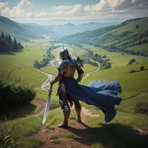 Gothic knight in medieval armor wielding a greatsword grassy verdant valley