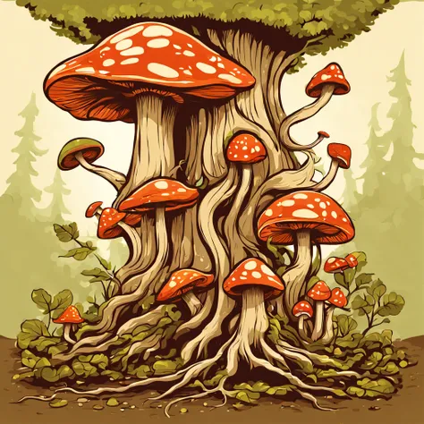 Burrows to eat tree roots. The mushrooms on its back grow by drawing nutrients from the bug host, best quality, masterpiece, in vector art style