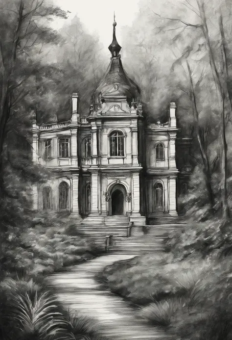 Rough charcoal sketch on old paper, Enchanted Magical Library, in the middle of the forest，COLOR THE LEAVES AND SHRUBS GREEN, Large 
beautiful Library, with huge golden glowing doors,COLOR THE DOORS A GOLDEN YELLOW
Clean line art,+Expressive lines,Paint in...