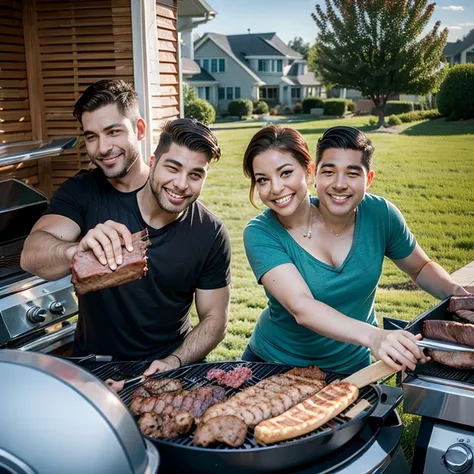 (((2heads))), husband and wife side by side, grilling some meats on an outdoor grill in the backyard of a typical American suburban house,