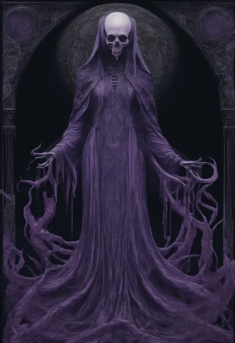 purple and black image of a woman in a dress with a full moon in the background, concept art inspired by Harry Clarke, zbrush central contest winner, fantasy art, jellyfish priestess, jellyfish shrine maiden, jellyfish god, statue made of glass, octopus go...