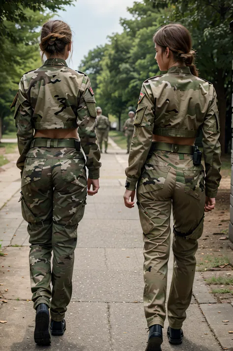 ultrarealistic two beautiful lesbian girls soldiers wearing camouflage uniform with the trousers tight around the crotch with pee and full combat walking side by side with their hands on the others butts while walking. View from the rear wide-angle shot, v...