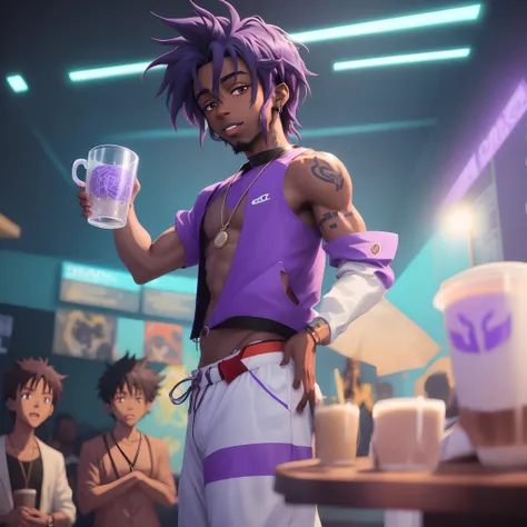 Brent faiyaz anime holding a white cup with glowing purple inside