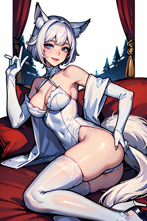 masutepiece　 The highest image quality　Super vivid　One lady（（Adults））　White Long Gloves（（blanche）（gloves））　white stockings（（blanche）（Stockings））　an lingerie（blanche）　A sexy　cheek（rot）　A smile　The hair（hair（short-hair）（Wave）　Wolf ears　Eye color is blue