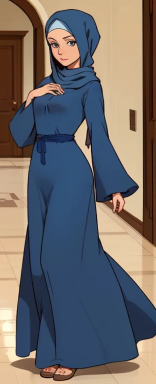 a beautiful blueeyed woman wearing a long-sleeved floor-long dress and a headscarf attached to it.