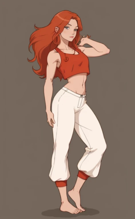 A beautiful barefoot redhaired woman wearing harempants and a croptop.