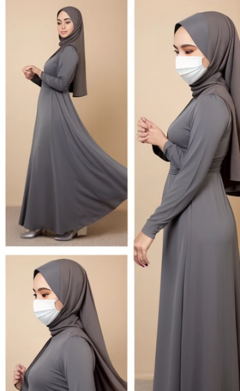 Front and back portrait of a woman wearing a long-sleeved floor-long dress, a facemask and a grey khimar.