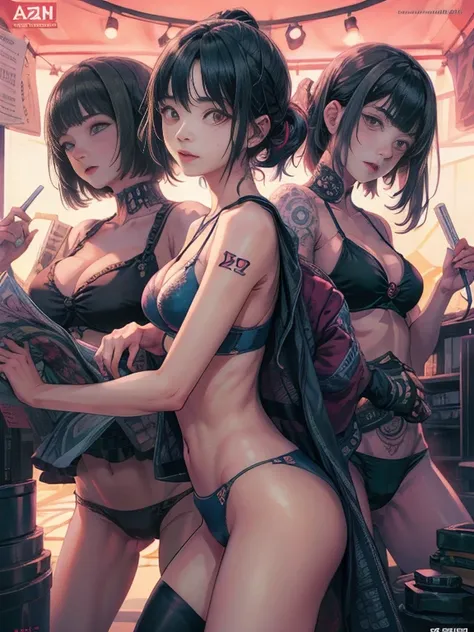 Japanese yakuza 2 sexually female tattoos , banging  hair, magazine cover, poster art , adding to the spine-tingling atmosphere, bold huge text, matted design layout. Squeezing belly, all in bikini, Holographic bikini