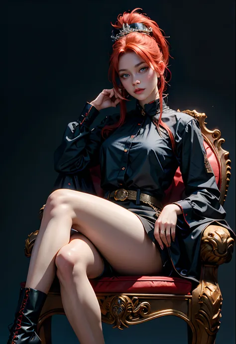 Beautiful woman with blue eyes, red hair, ponytail, black blouse and black shorts, sitting on a throne, wearing a crown on her head, very beautiful, detailed, no errors, no blur