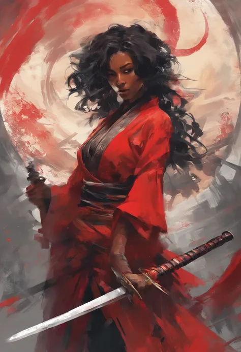 painting of a woman in a red dress holding two swords, female samurai, tithi luadthong, craig mullins alphonse mucha, samurai, very beautiful cyberpunk samurai, pretty samurai with afro, artgerm craig mullins, she is holding a katana sword, pino daeni and ...