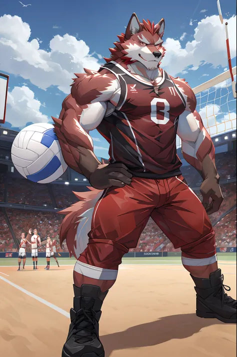 best quality, diederich, furry wolf, red fur, red eyes, medium muscular body, handsome, handsome, good looking, volleyball shirt...