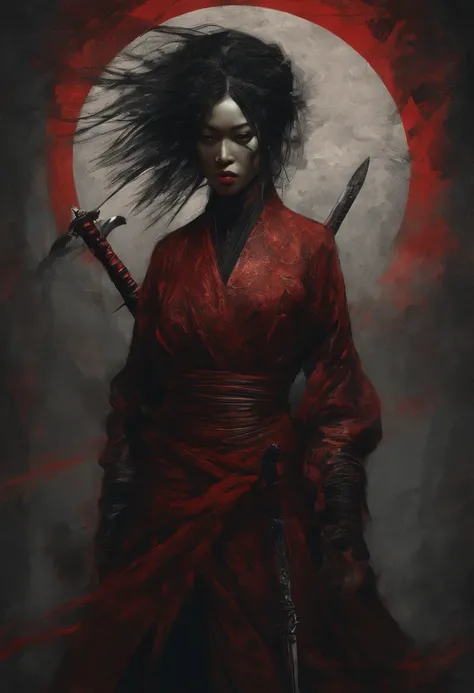 painting of a woman in a red dress holding two swords, concept art inspired by Kanō Hōgai, cgsociety contest winner, digital art, female samurai, tithi luadthong, craig mullins alphonse mucha, samurai, very beautiful cyberpunk samurai, artgerm craig mullin...