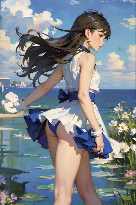 ((Best quality)), ((Masterpiece)), ((1girll)), Solo, ferry, ((Long hair)), Ferry base, ((upper legs)), Bare shoulders, ((jewelry)), ((Sleeveless)), White dress, Blue skirt, ((mitts)), thigh high, From behind，(Monet, Impresionismo, Oil painting), 01