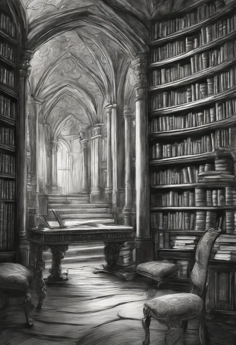 Rough charcoal sketch on old paper, Inside Enchanted Magical Library, Its shelves are adorned with books, COLOR THE BOOKS MULTIPLE COLORS, 
shimmering with untold secrets and the silent murmurs of hidden yearnings, Inside a Large beautiful Library with shi...