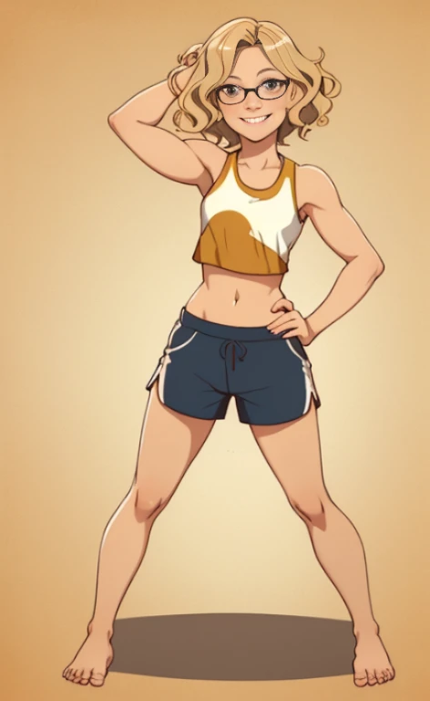 A beautiful blonde barefoot woman, with short wavy hair, wearing glasses, a croptop and sportsshorts, smiling.