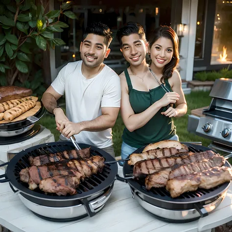 (((2heads))), husband and wife side by side, grilling some meats on an outdoor grill in the backyard of a typical American suburban house,