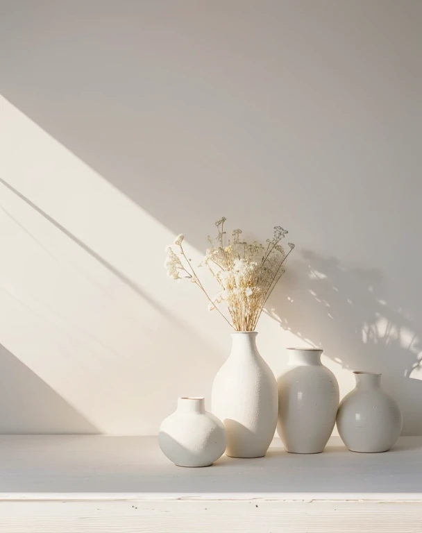 White dried flowers、White Wood Interior Accessories、Soft light、Rim Lights、beautiful shadow、lowkey、(Photorealsitic、Raw foto:1.2)、(Natural texture、realistic detailed)、Hyper-Realism、超A high resolution、4K、top-quality、white walls、Perfect Angle、