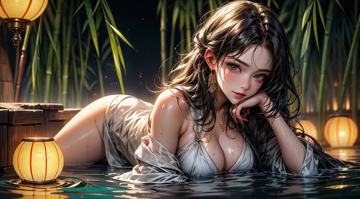 (((8k wallpaper of extremely detailed CG unit, ​masterpiece, 超A high resolution:1.2, top-quality:1.2, masutepiece, textures and maximum detail))), ((extremely beautiful lady, seductively smiling, A dark-haired, Sexy white kimono with red obi)), ((extremely...