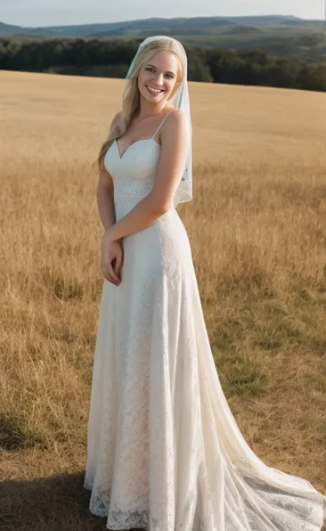 Wide shot portrait of a 23 years old blonde woman wearing a veil, high heels and a long dress,  calm smile, blue eyes, freckles.