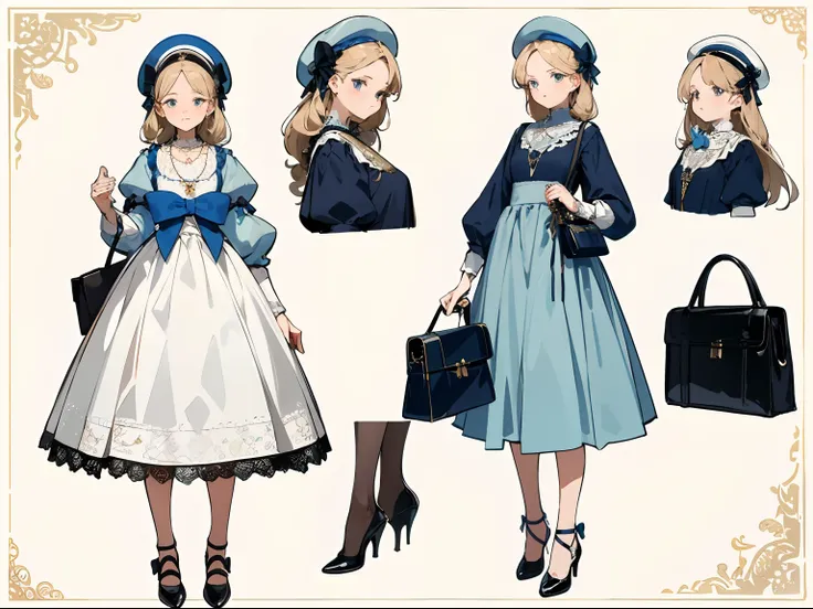 (Masterpiece, best quality) detailed, character sheet, character sheet, many items (same person, dress, necklace, lace, bow, hat, handbag, shoes, fan, decoration, many parts), aristocratic girl, gentle, cute, good-looking skirt, dinner, full of details