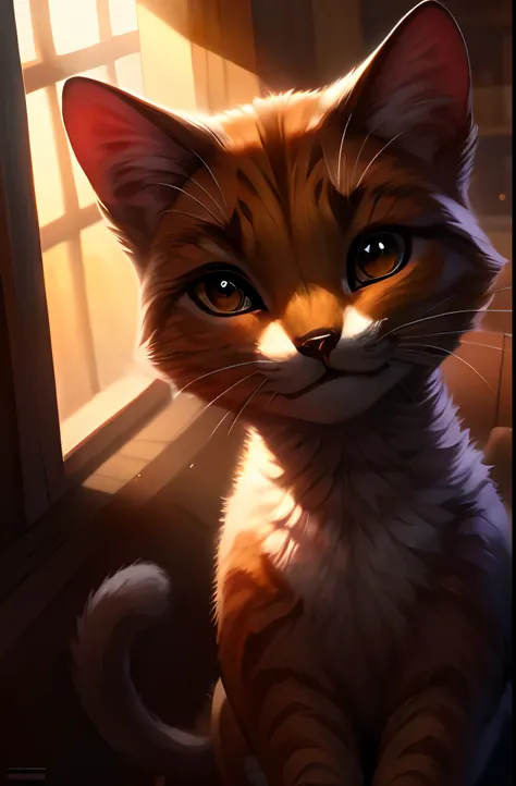 A cat sitting in the warm light of the bright afternoon by the window, (best quality, highres, ultra-detailed), with the soft sunlight illuminating every fine detail of its fur. The cats eyes glisten with a charming curiosity, while its contented expressio...