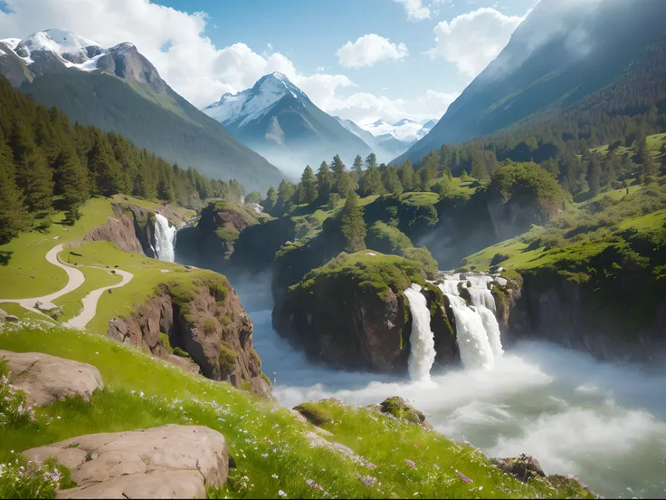 (masterpiece, high resolution, photorealistic:1.2), rolling mountains, snow-capped peaks, crystal clear stream, colorful wildflowers, (lush greenery:1.1), cascading waterfalls, (dramatic clouds:1.2), blue skies, serene atmosphere, (warm sunlight:1.1), dist...