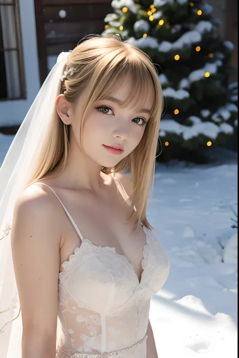 A girl,16 year old,pretty face,wedding dress,european countryside,blonde,bangs bangs,muscular arms,snow field and Xmas tree