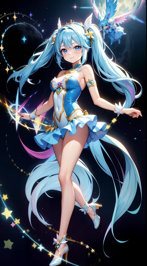 Super Idol　a beauty girl　A charming smile　sky blue hair　length hair　Twin-tailed　Glittery bright pink and white and blue and yellow ruffled leotards　facing front　Mystical　Fantasia　constellation　a moon　Crystal Brilliance　Aurora Borealis in the Night Sky