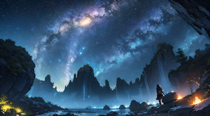 ​masterpiece、Background with((Fantastic starry sky、meteors、black hole))、Depth((Huge mysterious boulders、Luminescent、plants))、a beauty girl、Rear view、Looking up