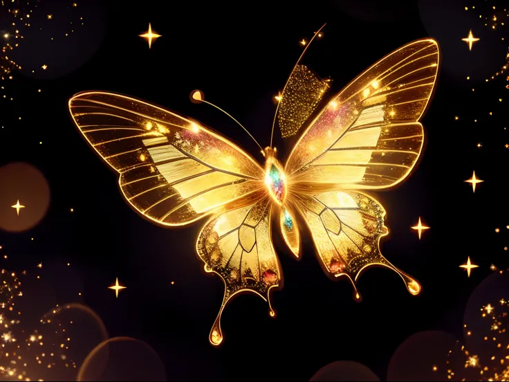 (best quality:1.2), beautiful and detailed chibi butterfly, ethereal, yuki, glitter, gold glimmer, shimmer, bokeh, dynamic angle...