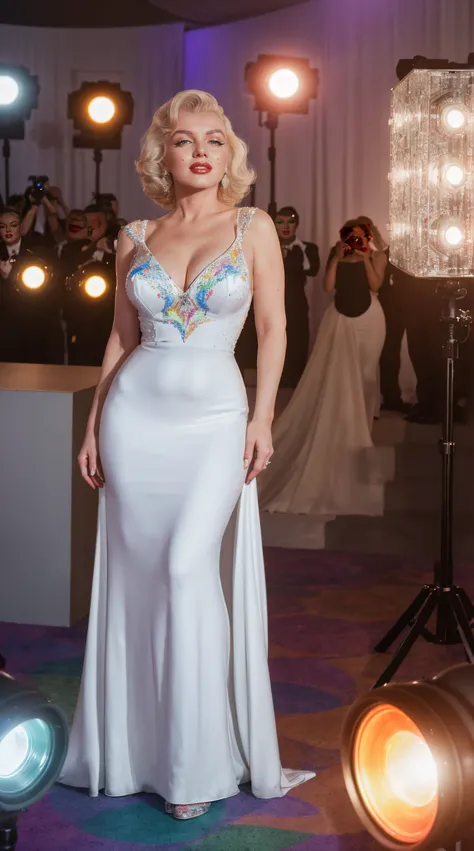 marilyn monroe, (((arriving at an big event))), (((white Evening gown))), 60s, distant image, ((full body photography)), ((insanely detailed face)), (((photography4k))), ((night)), (((colorful spotlights)))