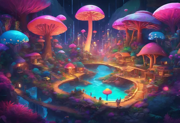 swpunk, synthwave, paint splatters, (extremely detailed 8k wallpaper), a crazy alien landscape with giant glowing mushrooms and colorful moss growing on rocks, ray tracing, detailed reflections, Intricate, High Detail, dramatic, best quality masterpiece, p...