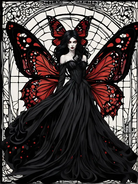 (solo:1.3) illustrate a hauntingly beautiful vampire butterfly creature with ethereal wings that blend shades of midnight black ...