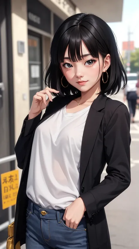 Pan del anime Dragon Ball, pelo corto, cabello negro, flequillo, ojos negros, bonita, beautiful woman, cuerpo perfecto, senos perfectos, Viste camisa formal blanca, Blazer negro, pantalones negros, Bolsa de transporte, lleva reloj, lleva pendientes pendien...