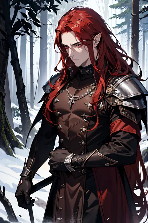 (absurdres, highres, ultra detailed), 1 man, adult, beautiful, strong, musculous, pointy ears, long red-haired, dark red eyes, detailed face, finely detailed eyes, fantasy, dark brown clothes warrior, leather armor, fantasy forest, dark forest, dark theme,...