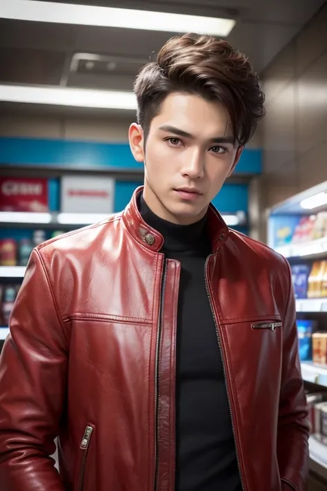 a handsome man in a red leather jacket, in a convenience store, ready for action, upper body, close up, (looking at camera), (candid, amateur), (raw, 8k, uhd, fujifilm xt3),