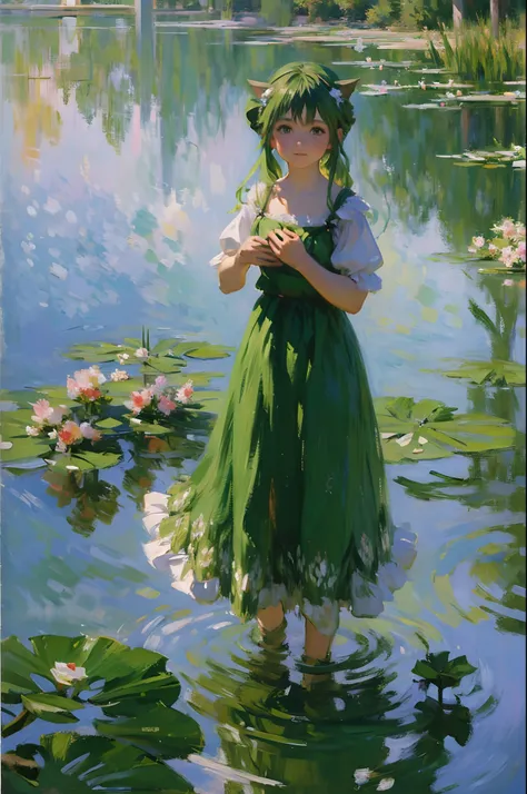 1girll, Solo, hair adornments, Green hair, double tails, Long hair, dress, water，(Monet, Impresionismo, Oil painting), 00