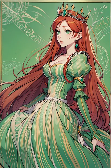 beautiful, redhead, long hair, side part hairstyle, dark green eyes, princess, tiara