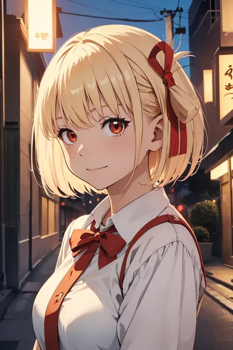 chisato, short hair, bangs, blonde hair, (red eyes:1.5), hair ribbon, one side up, bob cut, happy expression, Melhor Anime 4K Konachan Wallpaper, Estilo anime 4K, Arte Oficial, arte anime de alta qualidade, 4k anime wallpapers ((obra-prima)), sala, cidade,...