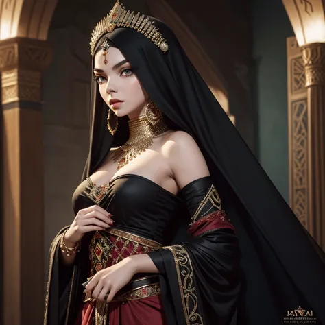 Arab woman in arabic dress, fada colorida com muita moeda , Retrato de Kim Petras, ava max, fotografia de moda fine art, menina perfeita de cabelos pretos, Conto de fadas da Bela Adormecida, Fotografia de moda editorial, 4K fotografia de glamour, Anya Tayl...