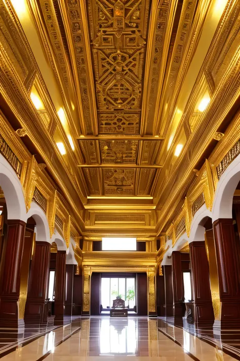 the main hall in the thai-style palace, with tiers and gold color.