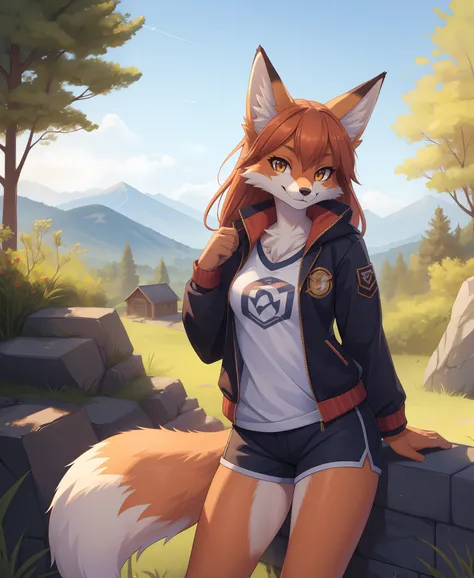 1girl, solo, masterpiece,  fox girl, furry, anthro, body fur, fox tail, outdoors, smile, scenery, shirt, jacket, shorts