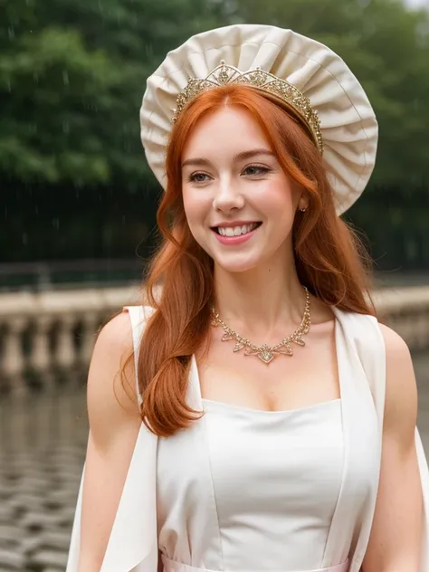 attractive welsh woman, ripped muscle, muscular body, pale skin, smile(blush), toga dress, crown, thin necklace, [ultra detailed skin:1.2], ginger hair, long hair, 8k uhd, full body, stand, crowd, public, rain,