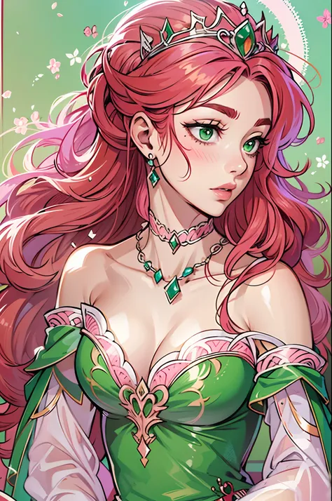 beautiful, red hair, long hair, side part hairstyle, dark green eyes, princess, pink dress, tiara