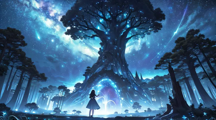 ​masterpiece、Background with((Fantastic starry sky、meteors、black hole))、Depth((Huge mysterious giant tree、Tree House、It is light blue and glowing.、plants))、a beauty girl、Rear view、Looking up