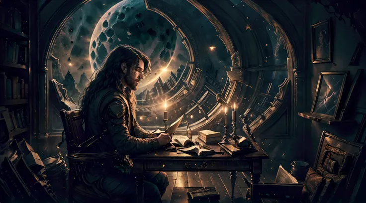 Man, shoulder length wavy brown hair, sitting at a desk facing away from the camera, reading a book. The room is sparse and dark, lit only by a candle. The wall the desk is on has a window through which the moon is full and bright.