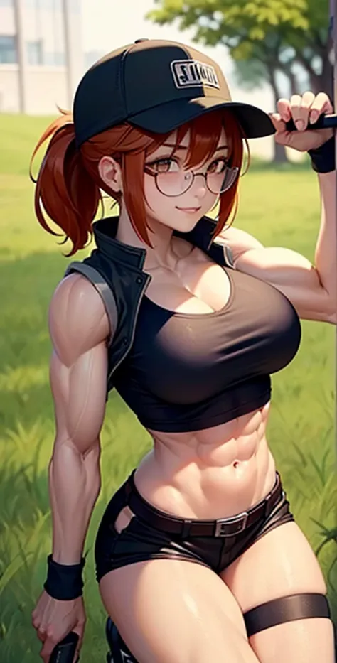 masterpiece, best quality, outdoors, grass, 
fiodef, 1girl, solo, looking at viewer, wariza, arm support, orange hair, hat, baseball cap, crop top, shorts, midriff, vest, navel, belt, short shorts, tank top, cleavage, brown shorts, abs, muscular, smug, mus...