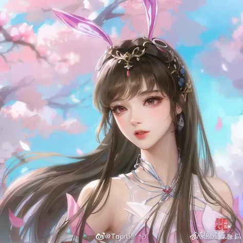 Menina anime com cabelo longo e orelhas de coelho em um vestido rosa, Trend in CGTacing:, pintura de personagem bonita, Directed by: Qu Leilei, por Fan Qi, Directed by: Li Fangying, Directed by: Chen Lin, beautiful young wind spirit, trending at cgstation,...