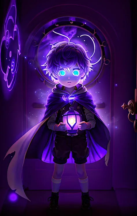 A ghost boy holding a lantern with his two hands with a tattered cape with a cute suit floating in the air with a portal behind him emitting a purple aura inside the door is a purple moon